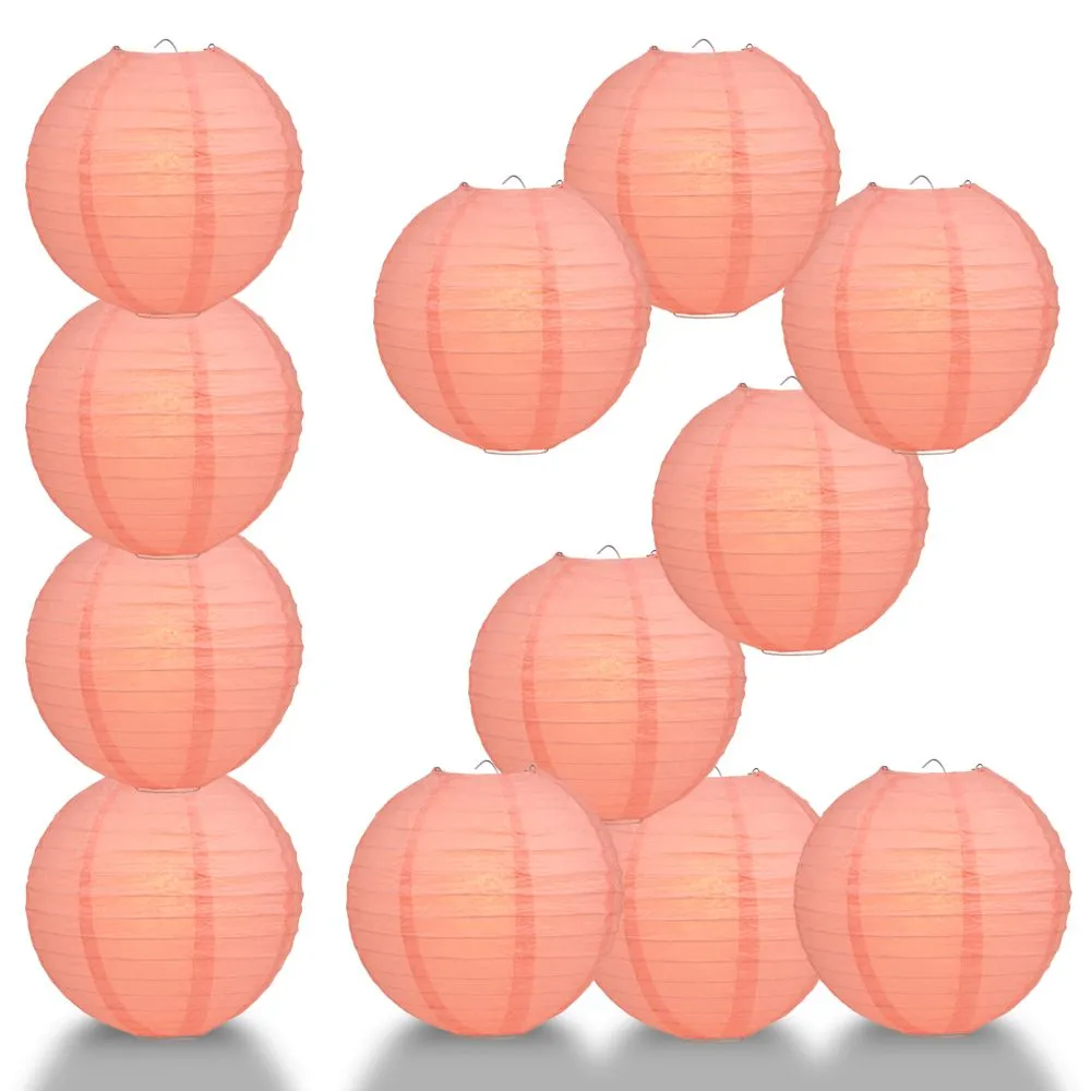 12 PACK | Roseate / Pink Coral Even Ribbing Round Paper Lantern, Hanging Combo Set