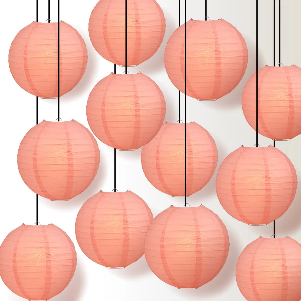 12 PACK | Roseate / Pink Coral Even Ribbing Round Paper Lantern, Hanging Combo Set