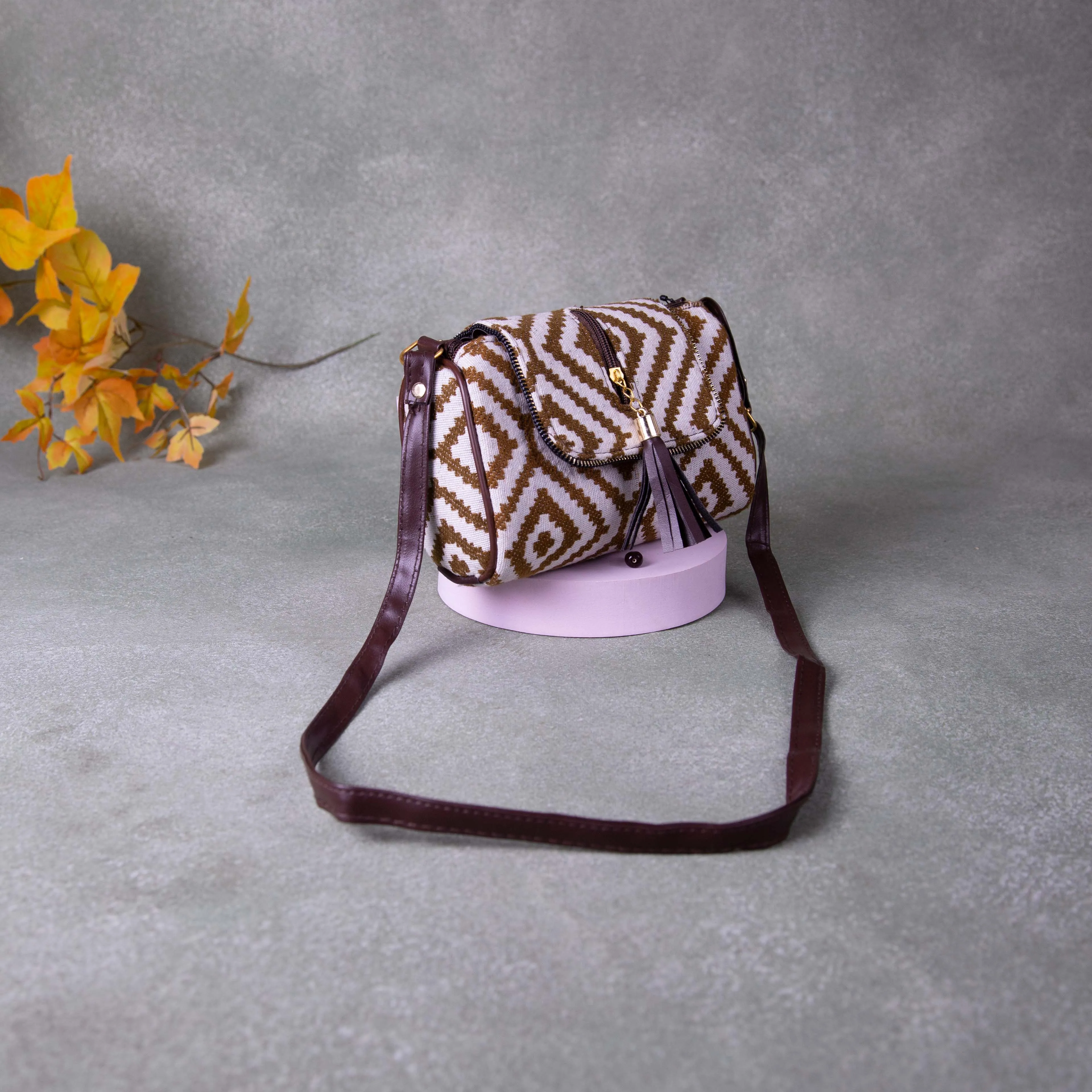 Easy Slings Brown Colour with White Zig Zag Printed Design. - Boho (Double partition)