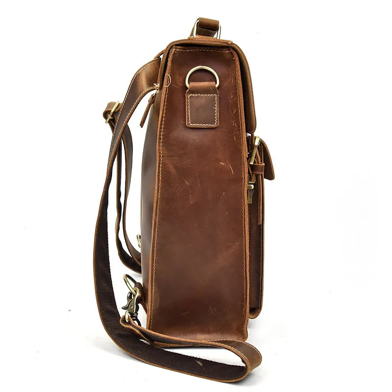 Full Grain Leather Backpack Men Leather Laptop Backpack Retro School Backpack Handbag