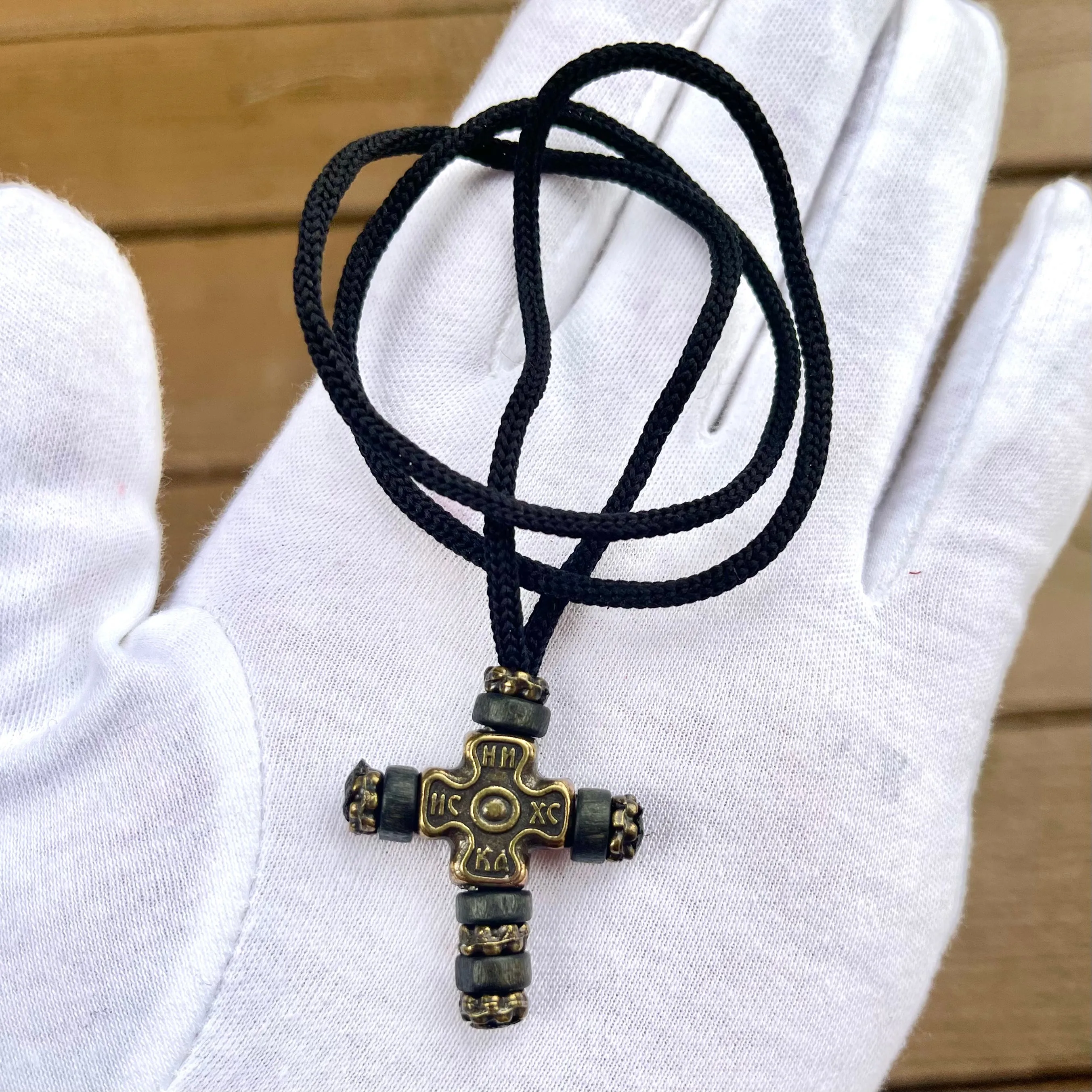 Metal and Wood Bead Cross Necklace from Serbia