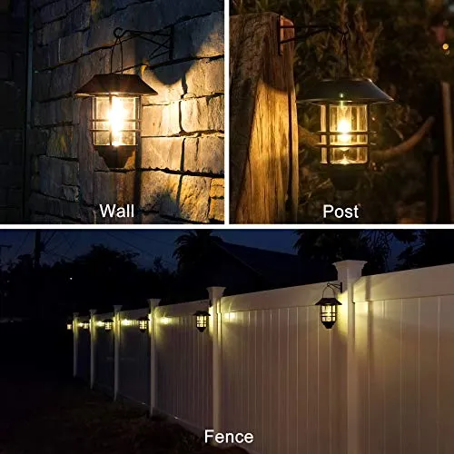 Solar Lantern Outdoor Lights, Hanging Wireless Waterproof Lantern Lights with Wall Mount Kit for Garden Porch Fence 2 Pack