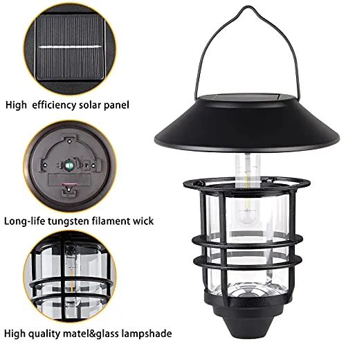 Solar Lantern Outdoor Lights, Hanging Wireless Waterproof Lantern Lights with Wall Mount Kit for Garden Porch Fence 2 Pack