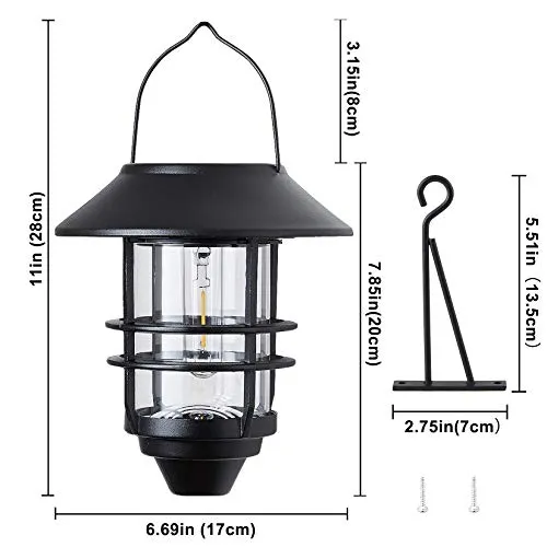 Solar Lantern Outdoor Lights, Hanging Wireless Waterproof Lantern Lights with Wall Mount Kit for Garden Porch Fence 2 Pack