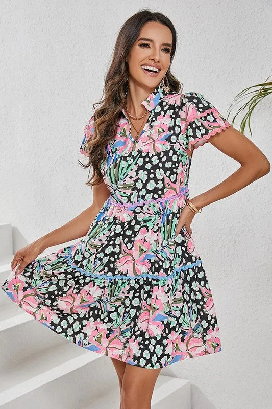 Women Floral Ricrac Embellished Tiered Mini Dress